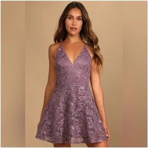 Lulu's Just Us Tonight Purple Embroidered Strappy Skater Dress